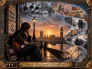 A brooding guitarist overlooks sunset-lit London as memories swirl through smoky vignettes of The Yardbirds, youth culture, rainy streets, a steam train, and an antique clock. Warm amber light contrasts with cool gray-blue shadows, while the richly detailed painterly composition and guitar-themed frame evoke nostalgia, change, and fractured time.