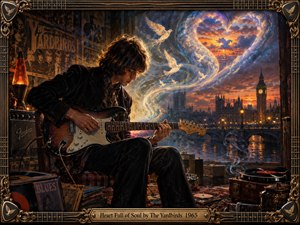 A brooding young guitarist plays beside a London window at sunset, surrounded by records, vintage amplifiers, posters, and warm lamplight. Swirling blue and gold energy rises toward a luminous heart-shaped sky as white birds soar overhead. Rich painterly detail, deep shadows, and an ornate guitar-inspired frame evoke soulful 1960s longing.