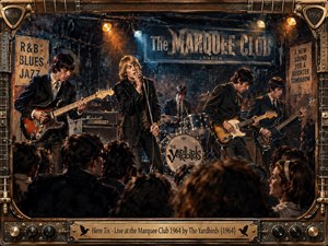 A richly painted 1964 club performance shows The Yardbirds packed onto a smoky Marquee Club stage before an excited crowd. Warm amber spotlights cut through cool blue shadows, illuminating sharp suits, electric guitars, drums, amplifiers, and vintage signage. An ornate guitar-inspired metal and wood frame heightens the energetic period atmosphere.