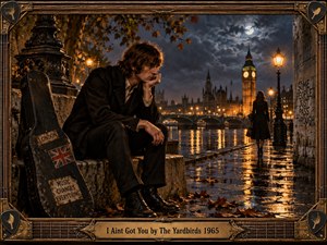 A brooding young musician sits beside a battered guitar case on a rain-slick London riverside, watching a solitary woman disappear into the night. Golden streetlamps reflect across wet pavement beneath stormy blue-gray skies and Big Ben. The cinematic, vintage realism conveys loneliness, longing, romantic loss, and restless 1960s atmosphere.