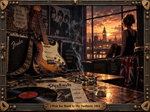 A smoky 1960s London room glows with fiery sunset light as a solitary woman gazes across the city. A weathered electric guitar, amplifier, vinyl record, posters, and scattered memorabilia create a restless blues-rock atmosphere. Rich amber, black, and bronze tones enhance the cinematic, nostalgic composition.