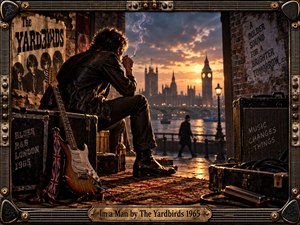 A lone guitarist sits beside battered equipment overlooking London at sunset, framed by Big Ben and the Thames. Warm amber light contrasts with smoky blue shadows, creating a brooding, rebellious 1960s mood. Vintage posters, amplifier, guitar, road cases, and ornate stringed framing reinforce the gritty cinematic rock aesthetic.