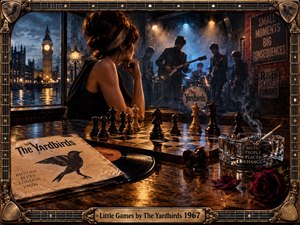 A moody 1960s London club scene centers on a thoughtful woman watching The Yardbirds perform beyond a chessboard. Warm amber and cool blue stage lights illuminate smoky air, polished wood, a vintage record, rose, and ashtray. Big Ben glows outside, while an ornate guitar-themed frame completes the cinematic composition.