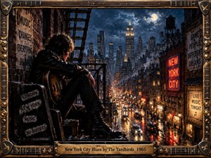 A lone guitarist sits on a rain-darkened fire escape overlooking New York City at night. Glowing windows, neon signs, traffic, steam, and wet streets create a brooding urban blues atmosphere. Deep blues and amber highlights enhance the cinematic realism, framed by ornate guitar hardware and a weathered brass title plate.
