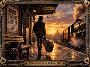 A lone traveler carrying a decorated guitar case walks along a rain-slicked railway platform toward a glowing sunset. A steaming locomotive, weathered brick station, benches, and vintage signs create a nostalgic 1960s atmosphere. Warm amber light, deep shadows, reflective pavement, and an ornate guitar-inspired frame suggest freedom, departure, and restless musical adventure.