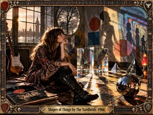 A contemplative woman sits in a psychedelic 1960s studio overlooking London, surrounded by guitars, records, prisms, mirrored spheres, and geometric forms. Warm sunset light casts dramatic shadows across a checkerboard floor, while rainbow reflections and surreal silhouettes create a dreamy, questioning atmosphere framed by ornate guitar hardware.