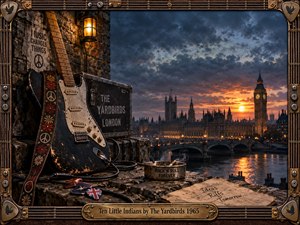 A weathered electric guitar and road case overlook London at a fiery sunset, framed by dark storm clouds and glowing river reflections. Warm lantern light illuminates cables, picks, an ashtray, and handwritten notes, creating a nostalgic 1960s rock atmosphere. An ornate guitar-string frame reinforces the richly cinematic, photorealistic style.