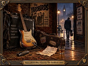 A weathered guitar and battered case fill a dim backstage room opening onto rain-soaked London, where a solitary musician walks beneath glowing streetlamps. Warm amber light contrasts with cool blue night tones, creating a reflective, bittersweet mood. Vintage posters, cables, harmonica, handwritten notes, and ornate framing evoke 1960s rock history.
