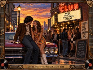 A joyful young couple relaxes on a classic car outside a lively 1960s music club at sunset. Warm orange light, glowing neon, wet pavement reflections, and fashionable crowds create an energetic romantic mood. Detailed painterly realism, vintage signage, peace symbols, records, and an ornate musical frame reinforce the period atmosphere.