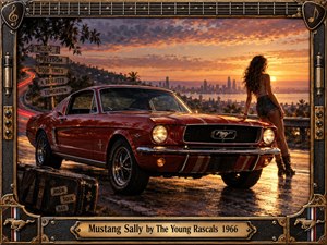 A gleaming red 1960s Mustang dominates a sunset overlook above a distant city, beside a lone woman facing the glowing horizon. Warm orange light reflects across wet pavement, chrome, and dramatic clouds. Vintage signs, a battered guitar case, and an ornate instrument-inspired frame create a nostalgic rock-and-soul atmosphere.