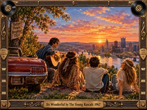 Four young friends relax beside a red convertible on a grassy overlook, watching a glowing sunset over a river and city skyline. Warm orange, gold, and blue tones create an optimistic 1960s atmosphere. Painterly detail, music-themed framing, vintage signage, and a central guitar enhance the nostalgic mood.