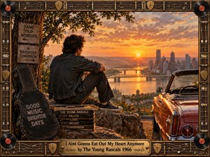 A young man sits on a rocky overlook beside a guitar case and red convertible, watching a glowing sunset over a river and city skyline. Warm orange light, deep shadows, vintage textures, musical symbols, records, and nostalgic signs create a reflective, hopeful 1960s atmosphere framed by ornate instrument details.