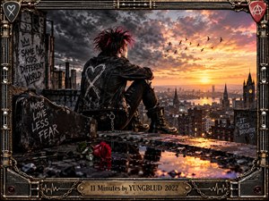 A punk-styled figure sits on a rain-darkened rooftop overlooking a glowing city at sunset, surrounded by storm clouds, graffiti, a battered guitar case, and a fallen red rose. Warm orange light clashes with charcoal shadows, creating a cinematic mood of longing, rebellion, heartbreak, isolation, and fragile hope within an ornate metallic frame.