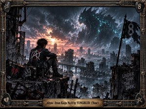 A lone punk figure overlooks a flooded ruined city as a colossal glowing kaiju rises beneath turbulent storm clouds. Cold blue-gray tones contrast with fiery sunset light, creating defiance and isolation. Cinematic digital painting, shattered architecture, graffiti, rain, rubble, and an industrial guitar-themed frame intensify the dystopian atmosphere.
