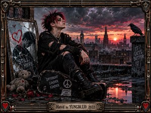 A solitary punk figure sits on a rain-slick rooftop above a brooding city at sunset, surrounded by a cracked mirror, worn teddy bear, roses, guitar case, graffiti, and a watchful crow. Deep blacks, crimson light, storm clouds, reflections, and ornate industrial framing create a raw, defiant, melancholic cinematic mood.