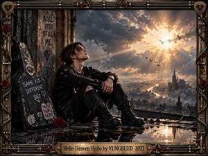 A punk-styled youth sits on a rain-slick rooftop beside a battered guitar case, gazing toward a radiant break in storm clouds above a distant city. Dark gothic architecture, red roses, reflective puddles, and dramatic golden light create a rebellious yet hopeful mood, framed by ornate metallic musical details.