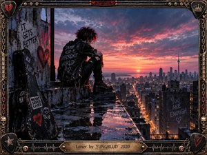 A lone punk figure sits on a rain-slick rooftop overlooking a glowing city at sunset. Pink, orange, and violet clouds contrast with dark buildings, graffiti, and a battered guitar case. The cinematic composition feels isolated yet defiant, framed by ornate chains, metal hardware, skulls, picks, and a weathered brass title plate.