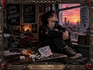 A brooding young musician sits beside a rain-streaked window in a cluttered punk bedroom, surrounded by a guitar, scattered medication, torn notes, and distressed posters. Warm sunset light meets deep charcoal shadows, creating a tense yet hopeful mood. Gritty cinematic realism and an ornate metal frame intensify the emotional atmosphere.