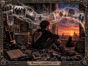 A young punk figure sits on a rumpled bed beside a black cat, watching a fiery city sunset through an open window. Photographs, posters, guitars, notes, and glowing memory trails fill the dim room. Warm orange light meets smoky blacks and reds in a cinematic, nostalgic, rebellious mixed-media style.