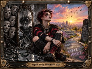 A punk-styled young man sits between a dark fractured world of masks, chains, shattered mirrors, and self-doubt and a glowing city sunrise filled with birds, flowers, freedom, acceptance, and hope. Rich black, red, gold, and sunset tones create a dramatic cinematic digital artwork framed with metallic musical details.