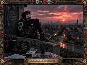 A punk-styled figure sits on a rain-darkened rooftop overlooking a quiet suburban neighborhood and distant city skyline at sunset. Crimson clouds, glowing windows, wet streets, church spires, and scattered photographs create a reflective, rebellious mood. Distressed metal framing, guitar hardware, graffiti, and worn textures reinforce the gritty cinematic atmosphere.