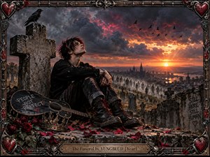 A brooding punk figure sits among weathered graves beneath a stormy crimson sunset, overlooking a distant gothic city. Ghostly figures drift through the cemetery while a raven, battered guitar, roses, and tarnished crown deepen the rebellious melancholy. Ornate dark metal framing, dramatic light, and cinematic realism create grief, defiance, and fragile hope.