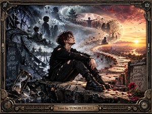 A brooding young figure sits upon a shattered clock path between a stormy monochrome past and a radiant golden future. Surreal memories spiral through an S-shaped passage of crowds, ruins, trees, and fading silhouettes. Dramatic cinematic lighting, red petals, broken hourglasses, and ornate clockwork framing evoke reflection, uncertainty, and transformation.