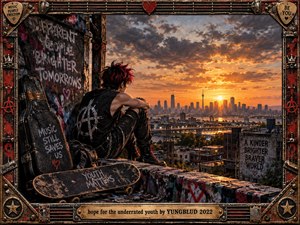 A rebellious young figure sits on a graffiti-covered rooftop overlooking a glowing city skyline at sunset. Warm orange light cuts through stormy clouds, contrasting with dark punk clothing, worn skateboards, and distressed urban textures. The cinematic mixed-media style blends defiance, vulnerability, youthful isolation, and cautious optimism within an ornate industrial frame.