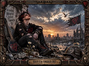 A battered punk figure rests among war-torn ruins beside a scarred guitar as daisies rise through rubble beneath a stormy sunset. Dark grays, rusted metal, and warm amber light create defiance and fragile hope. A dove, shattered skyline, protest symbols, and industrial frame reinforce the cinematic post-apocalyptic mood.