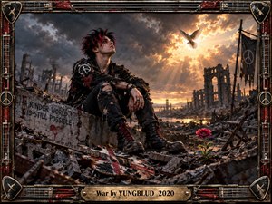 A defiant punk figure sits among war-torn ruins beneath dark storm clouds, gazing toward a white dove illuminated by golden sunlight. A broken guitar, peace symbols, graffiti, and a vivid red flower balance destruction with hope. The cinematic composition uses gritty realism, dramatic contrast, muted grays, reds, and warm amber light.