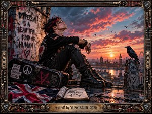 A rebellious young figure sits on a rooftop above London at sunset, surrounded by graffiti, a battered guitar case, a Union Jack, handwritten notes, and a watchful raven. Fiery orange clouds contrast with deep blacks and metallic textures, creating a cinematic punk atmosphere of alienation, defiance, vulnerability, and self-acceptance.
