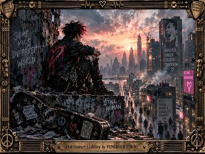 A punk-styled figure sits above a sprawling dystopian city at sunset, surrounded by graffiti, neon signs, smoke, and towering buildings. Warm orange light cuts through blue-gray clouds, balancing rebellion with fragile hope. A distressed metal frame with guitar details, symbols, and an engraved title plate reinforces the raw urban mood.