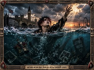 A drenched punk figure struggles through dark turbulent water beneath a stormy London skyline, reaching toward a break of golden light. Deep blue-green waves, submerged chains, crown, guitar, photographs, and clock create a tense cinematic scene of survival, rebellion, vulnerability, and defiance, framed by distressed metallic musical ornamentation.