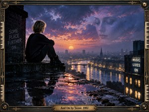A solitary figure sits on a rain-slick rooftop overlooking a glowing river city at sunset, while a ghostly face emerges from violet clouds. Warm orange reflections contrast with deep blue shadows, creating a wistful, introspective mood. Synthesizer-inspired framing, piano keys, waveform details, and neon signage evoke 1980s electronic music.