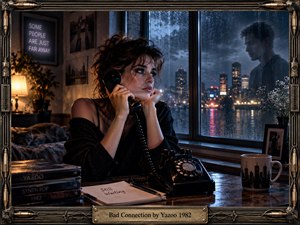 A pensive woman waits beside a black rotary telephone in a rain-soaked nighttime apartment, framed by glowing city lights and a distant ghostlike figure. Warm amber lamplight contrasts with cool blue reflections, while records, handwritten notes, flowers, and vintage details create a cinematic 1980s atmosphere of longing and disconnection.