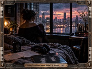 A solitary woman sits curled beside a rain-streaked window overlooking a glowing city at dusk. Warm amber lamplight contrasts with cool violet skies, creating a reflective, melancholy mood. Headphones, handwritten pages, a synthesizer, flowers, and vintage decor enrich the cinematic 1980s scene, enclosed by an ornate industrial keyboard frame.
