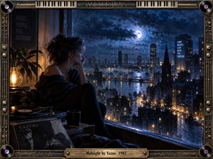 A solitary woman sits beside a rain-streaked window overlooking a moonlit city, lost in quiet reflection. Deep blues and glowing amber lights create a melancholy midnight atmosphere. Detailed digital painting blends cinematic realism with noir styling, while records, illuminated streets, dramatic clouds, and an ornate musical frame reinforce nostalgic synth-pop emotion.