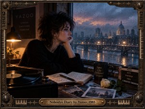 A solitary woman sits beside a rain-streaked window overlooking a misty city and river at dusk. Warm lamplight contrasts with cool blue-gray skies, creating a reflective, melancholy mood. A turntable, handwritten diary, photographs, rose, and synth-inspired metal frame reinforce the intimate, cinematic 1980s atmosphere.