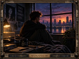 A solitary young man sits curled on a bed beside a large window, contemplating a glowing city sunset. Warm amber lamplight contrasts with violet and blue shadows, creating nostalgic isolation. Records, posters, handwritten objects, and trailing ivy enrich the cinematic retro interior, enclosed by an intricate keyboard and waveform frame.