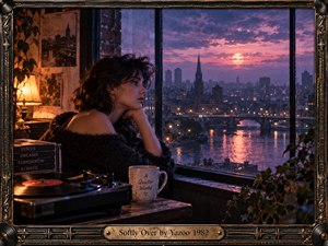 A solitary woman gazes through a rain-streaked window toward a glowing riverside city beneath a violet and rose sunset. Warm lamplight, a spinning record, plants, and vintage decor contrast with the cool skyline, creating a wistful 1980s atmosphere of reflection, distance, tenderness, and fading connection.