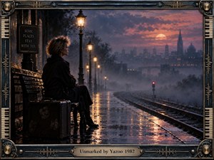 A solitary woman waits beside a weathered suitcase on a rain-soaked railway platform, facing a misty city beneath a glowing moon. Amber lamps reflect across wet pavement and curving tracks, creating a melancholy, contemplative mood. The cinematic 1980s styling is enclosed by an ornate synthesizer-inspired metallic frame.