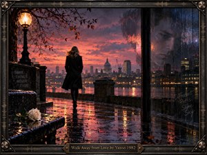 A solitary woman in a dark coat walks across a rain-soaked riverside promenade beneath a glowing streetlamp and fiery dusk sky. Reflections shimmer across wet pavement as a ghostly face appears behind rain-streaked glass. A white rose, autumn leaves, distant city lights, and an ornate metallic frame deepen the melancholic cinematic mood.