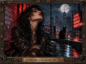 A rain-soaked woman in black leather sits against a neon-lit city skyline beneath a glowing full moon. Red and blue reflections shimmer across wet rooftops, creating a rebellious, nocturnal mood. Graffiti, a watchful black cat, tangled guitar strings, metal hardware, and an engraved frame reinforce the gritty rock aesthetic.