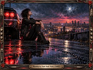 A solitary punk figure rests beside a rain-slicked car above a glowing city, creating a brooding, reflective nighttime mood. Crimson taillights and fiery sunset clouds contrast with deep blue shadows, while wet pavement mirrors the dramatic skyline. A weathered metal frame with guitar hardware reinforces the gritty rock aesthetic.