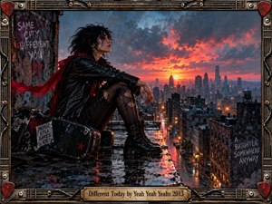 A lone punk-styled woman sits on a rain-soaked rooftop overlooking a glowing city at sunset. Her black leather clothing and red scarf contrast with fiery orange clouds and cool blue shadows. Graffiti, a battered guitar case, reflective pavement, and an industrial musical frame create a gritty, contemplative urban mood.