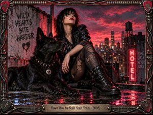 A defiant woman in black leather sits beside a watchful black dog on a rain-soaked rooftop. Crimson storm clouds, neon signs, distant skyscrapers, and graffiti create a rebellious urban mood. Dramatic red reflections, distressed textures, heavy boots, and an ornate guitar-inspired metal frame give the scene cinematic punk intensity.