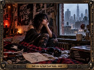 A solitary woman sits on a rumpled bed beside a rain-streaked city window, surrounded by records, headphones, posters, flowers, and a sleeping cat. Warm amber lamplight contrasts with the cold blue skyline, creating restless melancholy. The detailed photographic composition is enclosed by an ornate, guitar-inspired metallic frame.