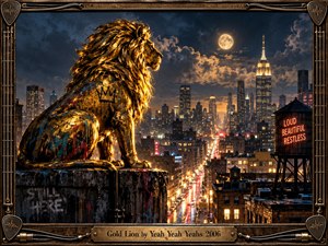 A weathered golden lion overlooks a glowing nighttime city from a graffiti-streaked rooftop. Dramatic moonlight and amber reflections illuminate its textured mane against deep blue clouds and distant towers. Rain-slick streets, neon signage, and an ornate guitar-inspired metal frame create a restless, cinematic blend of urban grit and grandeur.