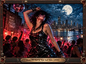 A fierce dancer in a glittering black dress commands a rooftop party beneath a luminous full moon and city skyline. Red and blue lights, smoky haze, a disco ball, and silhouetted revelers create an electric nocturnal mood. The cinematic photographic style blends rebellious punk energy with polished dance-club glamour.