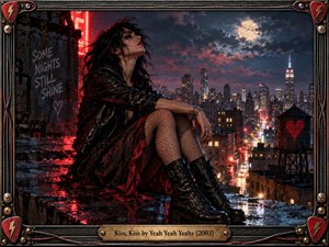 A lone punk-styled woman sits on a rain-soaked rooftop overlooking a glowing city beneath a clouded moon. Red neon reflections cut through deep blue shadows, creating a restless, romantic mood. Leather, fishnets, graffiti, a heart-marked water tower, and guitar-inspired framing give the cinematic artwork gritty rock energy.